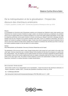 De la métropolisation et de la glocalisation : l impact des discours des chercheurs américains - article ; n°1 ; vol.21, pg 43-50
