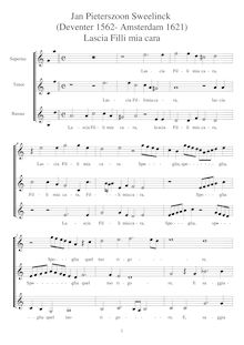 Partition Lascia Filli, mia cara, partition complète at notated pitch pour 3 voix ou enregistrements SSA, Rimes francaises et italiennes