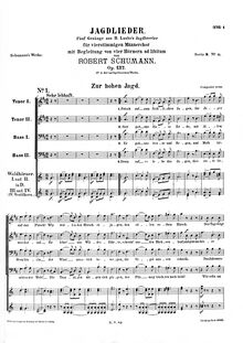 Partition complète, Jagdlieder, Op.137, Fünf Gesänge aus H. Laubes Jagdbrevier für vierstimmigen Männerchor