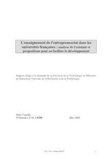 L enseignement de l entrepreneuriat dans les universités françaises : analyse de l existant et propositions pour en faciliter le développement