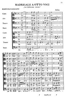 Partition complète, Il Sesto Libro de  Madrigali a cinque voci di Marco Da Gagliano Maestro di Cappella del Serenissimo Gran Duca di Toscana.