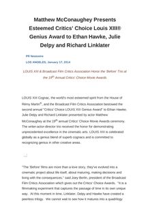 Matthew McConaughey Presents Esteemed Critics  Choice Louis XIII® Genius Award to Ethan Hawke, Julie Delpy and Richard Linklater