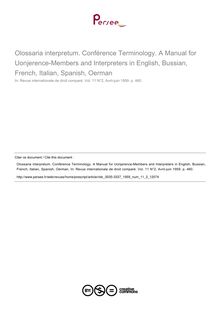 Olossaria interpretum. Conférence Terminology. A Manual for Uonjerence-Members and Interpreters in English, Bussian, French, Italian, Spanish, Oerman - note biblio ; n°2 ; vol.11, pg 460-460