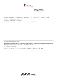 « Les secrets » d Hémery, Emery... ou Nicolas Lémery (une énigme bibliographique) - article ; n°171 ; vol.49, pg 187-192