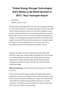 "Global Energy Storage Technologies (EST) Market to Be Worth $4,033m in 2013," Says visiongain Report