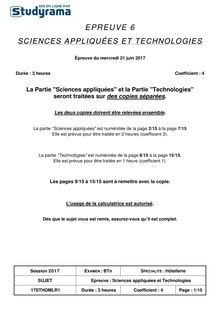 Sujet Bac Hôtellerie 2017 - Sciences appliqués et technologies
