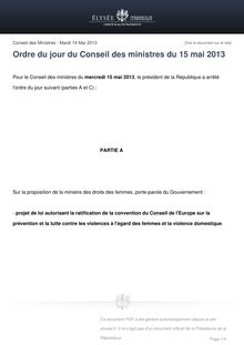 Ordre du jour du Conseil des ministres du 15 mai 2013