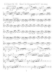 Partition violons I, Mass, Krönungsmesse ; Coronation Mass ; Mass No.15 ; Missa par Wolfgang Amadeus Mozart