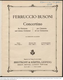 Partition complète, Concertino pour clarinette et petit orchestre, Op.48, BV 276