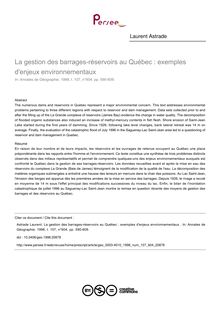 La gestion des barrages-réservoirs au Québec : exemples d enjeux environnementaux  - article ; n°604 ; vol.107, pg 590-609