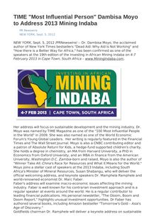 TIME "Most Influential Person" Dambisa Moyo to Address 2013 Mining Indaba