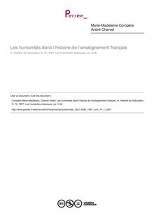 Les humanités dans l’histoire de l’enseignement français - article ; n°1 ; vol.74, pg 5-38