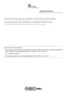 État des fonds pāli de la British Library et de l India Office conservés dans les collections orientales Orbit House - article ; n°1 ; vol.79, pg 229-235