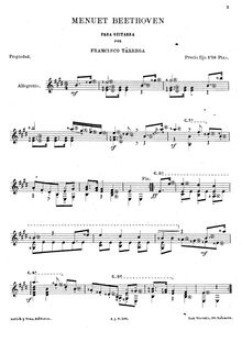 Partition complète, Menuet de Beethoven, E major, Tárrega, Francisco