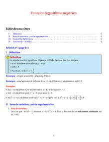 Table desmatières I Définition II Sens de variation courbe représentative III Propriétés algébriques IV Fonction x ln u x