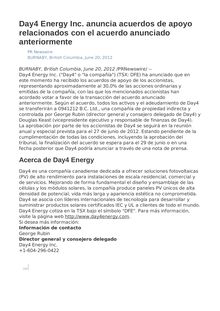 Day4 Energy Inc. anuncia acuerdos de apoyo relacionados con el acuerdo anunciado anteriormente