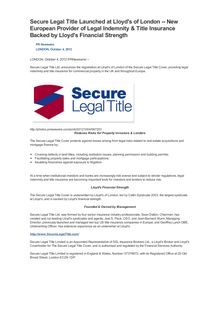 Secure Legal Title Launched at Lloyd s of London -- New European Provider of Legal Indemnity & Title Insurance Backed by Lloyd s Financial Strength
