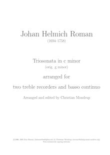 Partition complète avec realization of pour figured basse, Trio Sonata en G minor par Johan Helmich Roman