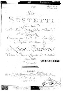 Partition violon 1, 6 corde sextuors, G.454-459 (Op.23), Six Sestetti Concertanti