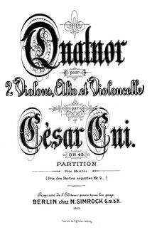 Partition Title page, corde quatuor No.1, Quatour pour 2 violons, alto, et violoncelle par César Cui