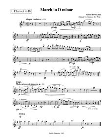 Partition clarinette 1 (B♭), March en D minor, D minor, Bruckner, Anton