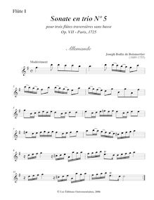 Partition flûte 1, 6 Trio sonates, Sonates en trio pour trois flûtes traversières sans basse par Joseph Bodin de Boismortier