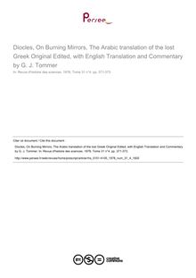 Diocles, On Burning Mirrors, The Arabic translation of the lost Greek Original Edited, with English Translation and Commentary by G. J. Tommer  ; n°4 ; vol.31, pg 371-373