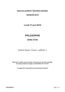 Baccalauréat technologique 2019 Philosophie (STHR)