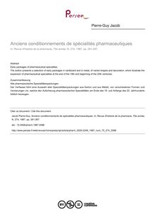 Anciens conditionnements de spécialités pharmaceutiques - article ; n°274 ; vol.75, pg 261-267