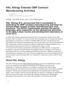 HAL Allergy Extends GMP Contract Manufacturing Activities