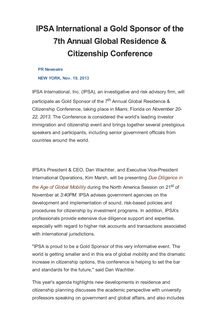 IPSA International a Gold Sponsor of the 7th Annual Global Residence & Citizenship Conference