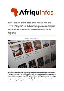 [ Afriquinfos ] - 26è édition du ‘Salon International du Livre d’Alger’ : La bibliothèque numérique YouScribe annonce son lancement en Algérie