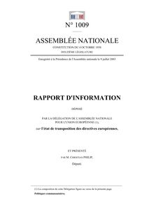 Rapport d information fait au nom de la Délégation de l Assemblée nationale pour l Union européenne sur l état de transposition des directives européennes