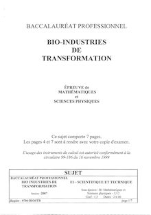 Mathématiques et sciences physiques 2007 Bac Pro - Bio-industries de transformation