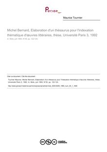 Michel Bernard, Elaboration d un thésaurus pour l indexation thématique d œuvres littéraires, thèse, Université Paris 3, 1992  ; n°1 ; vol.35, pg 122-124
