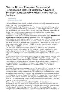 Electric Drives: European Repairs and Refabrication Market Fuelled by Advanced Services at Reasonable Prices, Says Frost & Sullivan