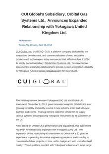 CUI Global s Subsidiary, Orbital Gas Systems Ltd., Announces Expanded Relationship with Yokogawa United Kingdom Ltd.