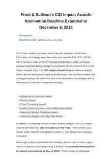 Frost & Sullivan s CIO Impact Awards Nomination Deadline Extended to December 6, 2013
