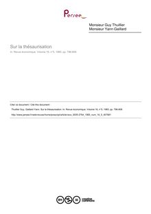 Sur la thésaurisation - article ; n°5 ; vol.16, pg 796-808