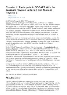 Elsevier to Participate in SCOAP3 With the Journals Physics Letters B and Nuclear Physics B