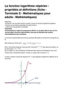 La fonction logarithme népérien : propriétés et définitions