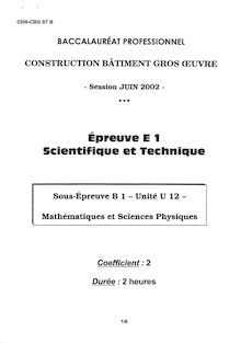 Mathématique et sciences physiques 2002 Bac Pro - Construction bâtiment gros œuvre