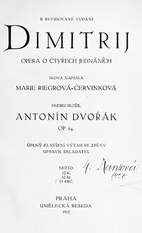 Partition complète, Dimitrij, Grand Opera in 4 Acts, Dvořák, Antonín