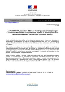 Axelle LEMAIRE salue l’adoption par l’Assemblée Nationale d’un régime fiscal incitatif au développement du capital investissement d’entreprises (corporate venture)