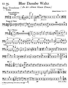 Partition basse Trombone/Tuba, pour Blue Danube, Op. 314, On the Beautiful Blue Danube - WalzesAn der schönen blauen Donau