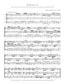 Partition Sonata No.2, 12 sonates pour 2 violons avec a basse pour pour violoncelle ou Harpsicord