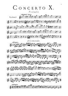Partition violon 1 solo, concerts Grossi con duoi Violini e violoncelle di Concertino obligati e duoi altri Violini, viole de gambe e Basso di Concerto Grosso ad arbitrio, che si potranno radoppiare