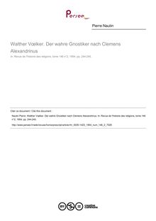 Walther Vœlker. Der wahre Gnostiker nach Clemens Alexandrinus  ; n°2 ; vol.146, pg 244-245