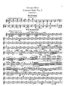 Partition violons I, II, Carmen  No.1, Bizet, Georges