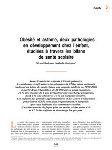 Obésité et asthme, deux pathologies en développement chez l enfant, étudiées à travers les bilans de santé scolaire 